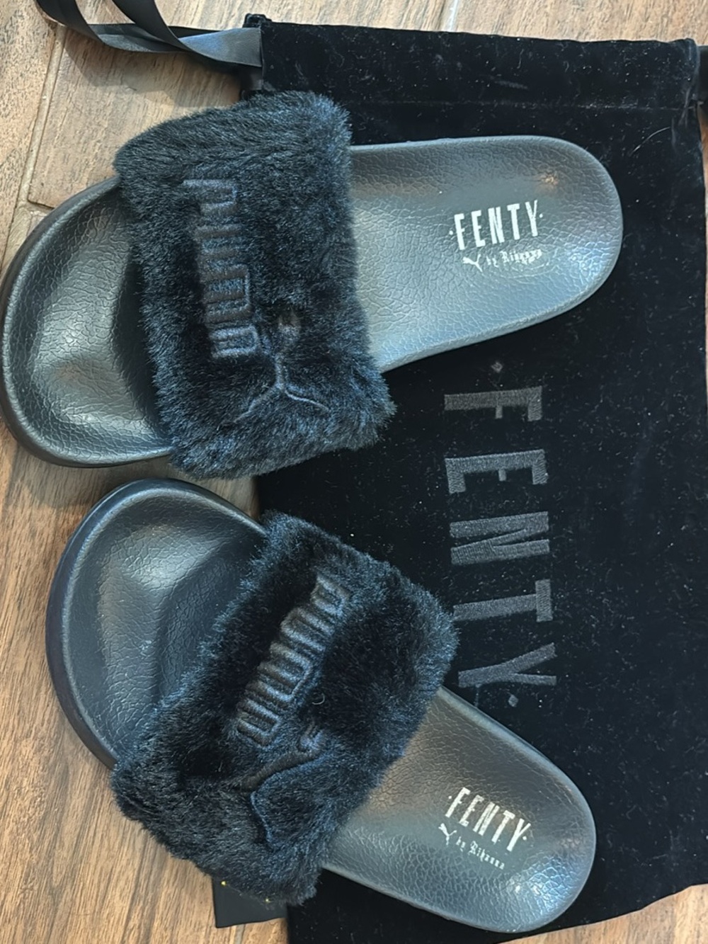 FENTY Black Faux Fur Slide Sandals
